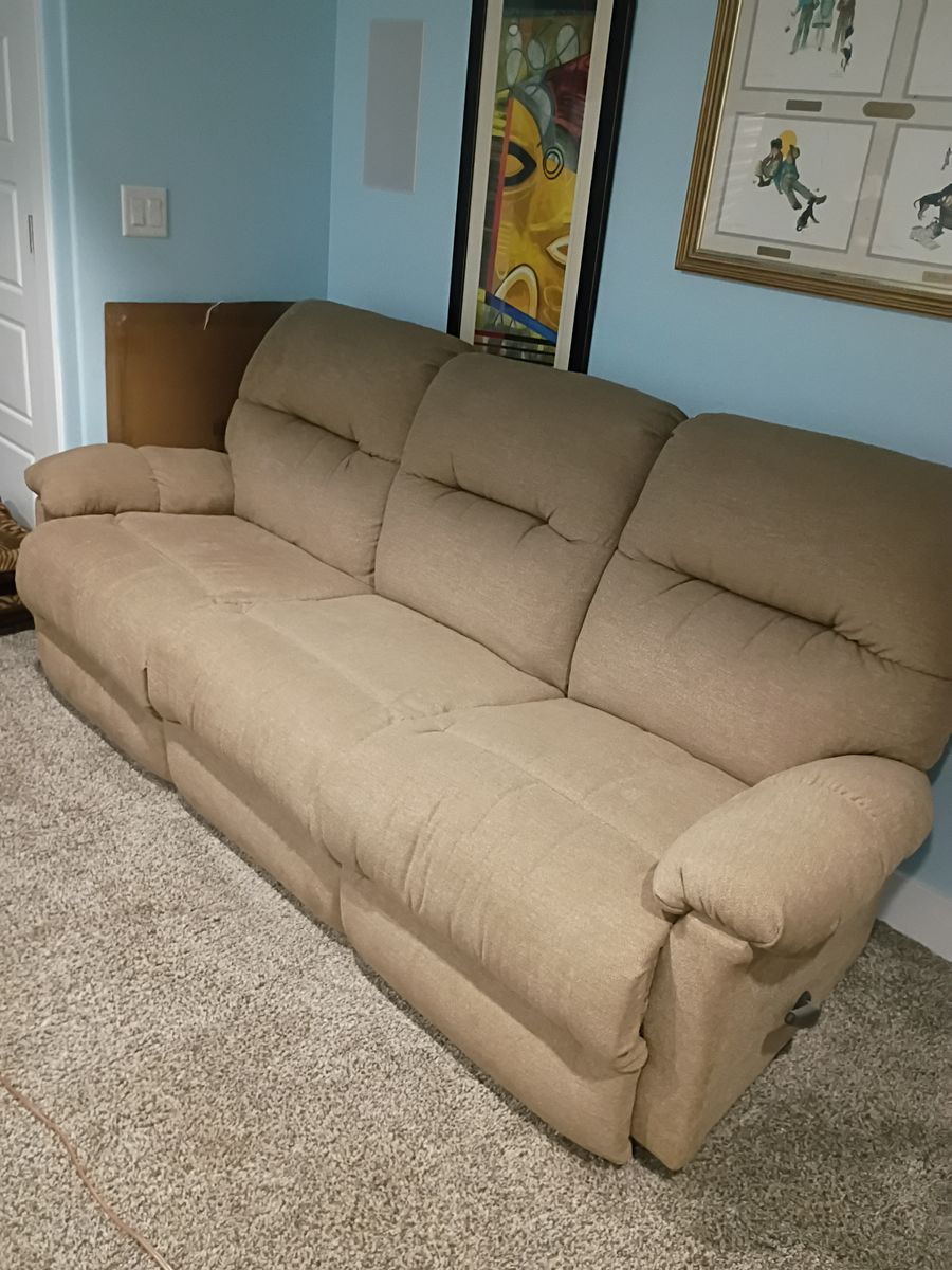 Comfortable Tan Reclining Fabric Sofa - Gently Used 3-Seat Couch