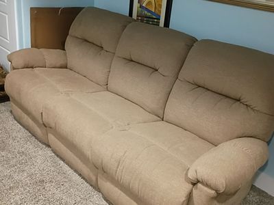 Comfortable Tan Reclining Fabric Sofa - Gently Used 3-Seat Couch
