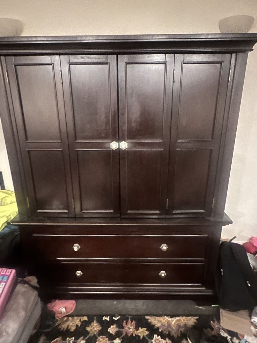 Dark Wood Armoire Cabinet with Lower Drawers
