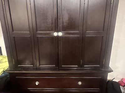 Dark Wood Armoire Cabinet with Lower Drawers