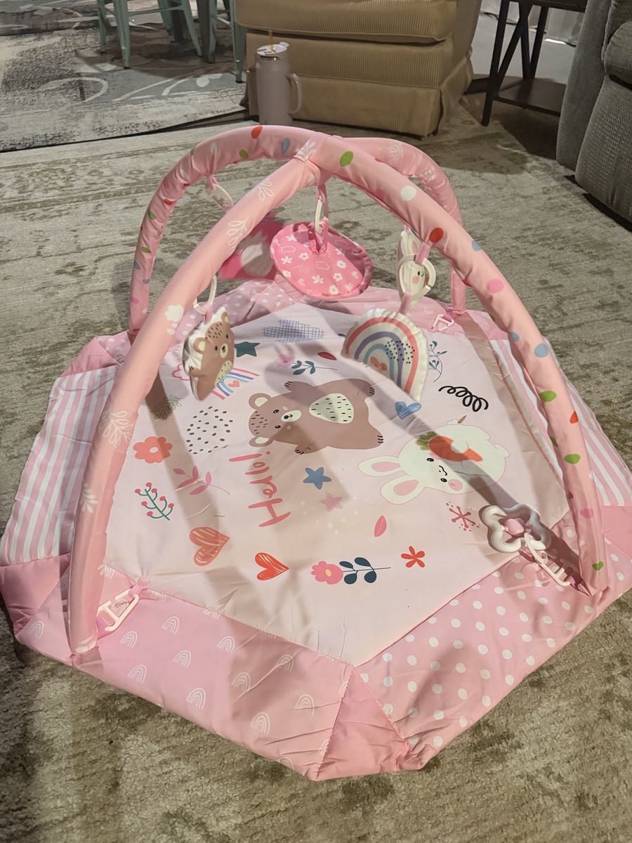 Pink Baby Play Mat with Arch and Hanging Toys