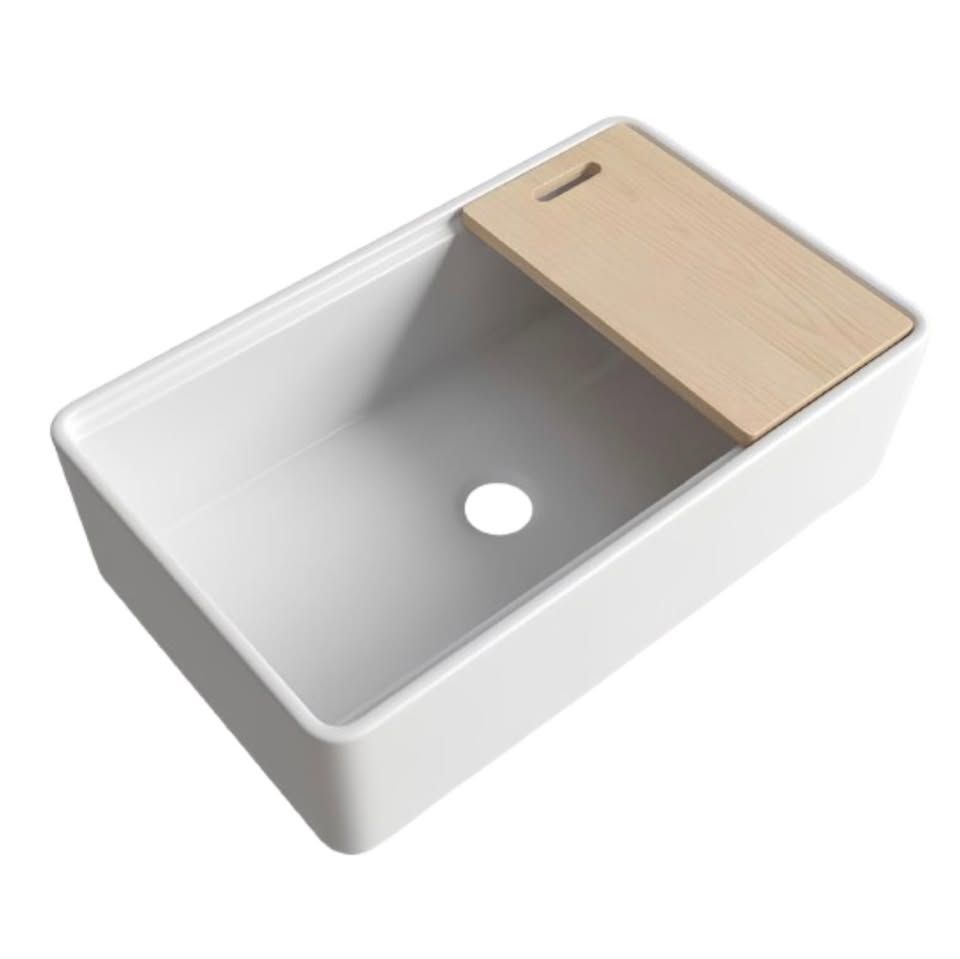 33" White Ceramic Farmhouse Sink with Cutting Board