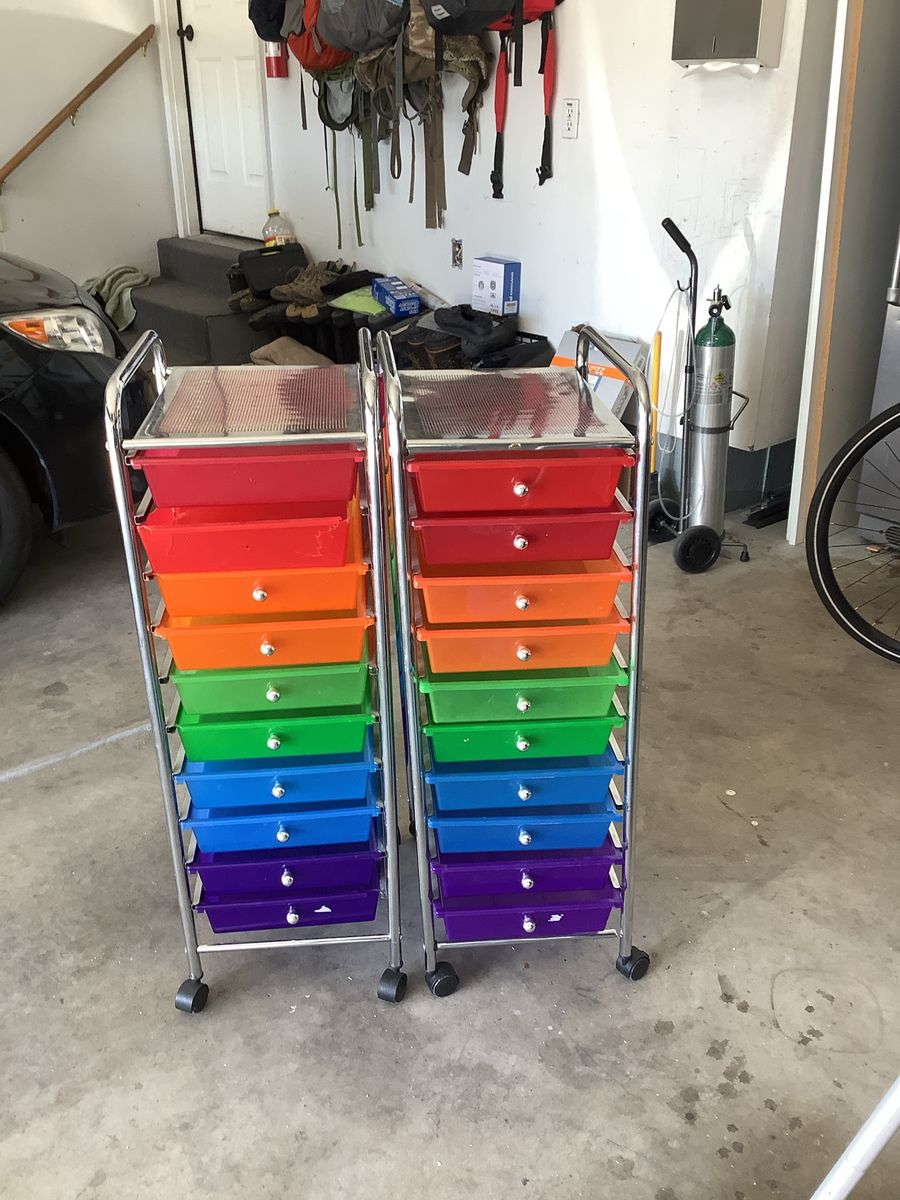 2 Rainbow 10-Drawer Rolling Storage Carts - Colorful Plastic Organizer with Wheels
