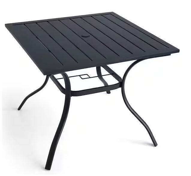 NEW - Black Square Metal Outdoor Patio Dining Table with Umbrella Hole