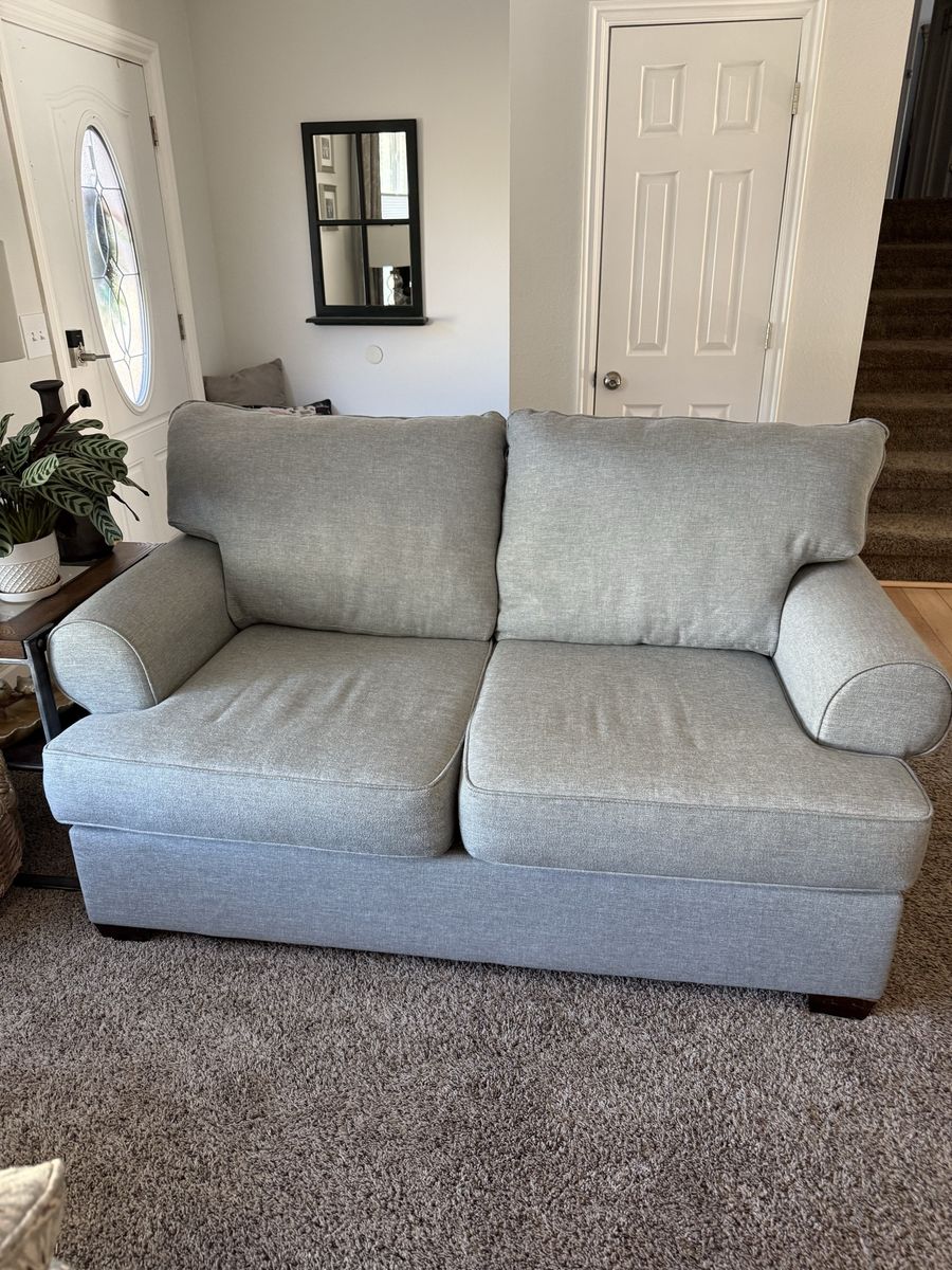 Light Gray/Green Fabric Loveseat Sofa - Good Condition