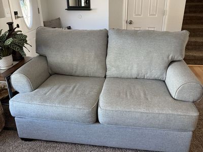 Light Gray/Green Fabric Loveseat Sofa - Good Condition