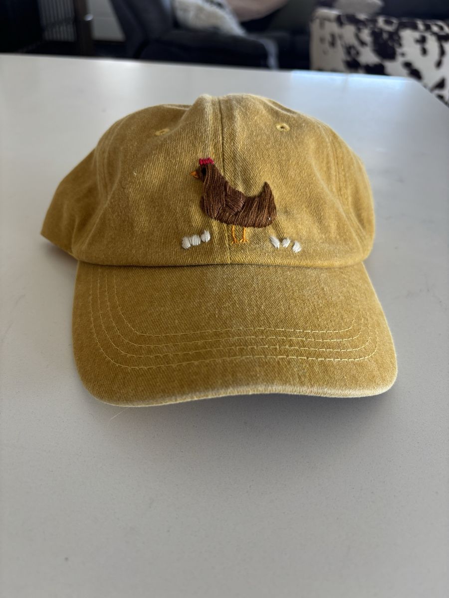 Mustard Brown Hand Embroidered Chicken Dad Cap
