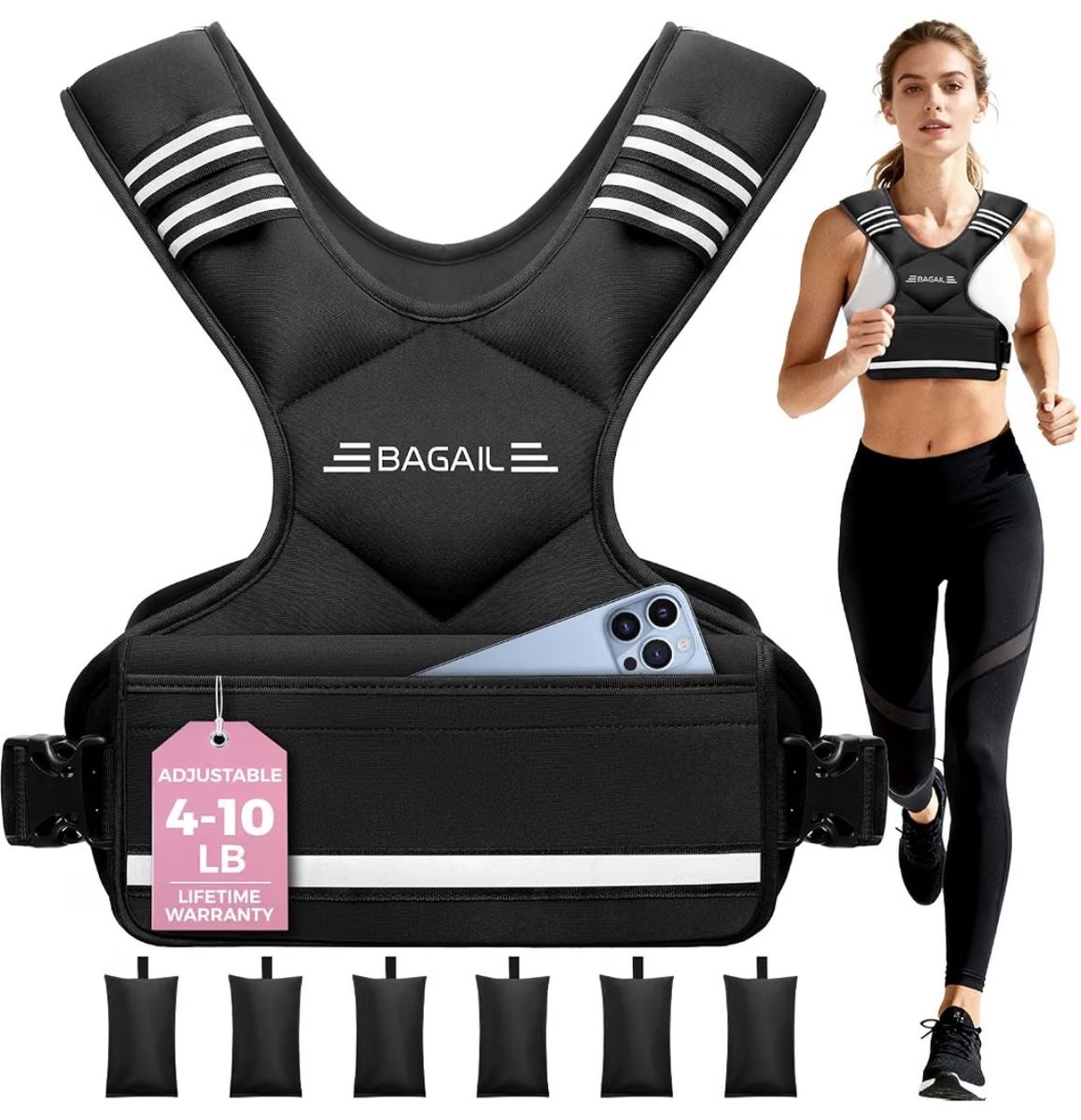 BAGAIL Adjustable Weighted Vest for Women 20-32lb, Comfortable U-Neck Rucking Vest with 6 Removable Weights