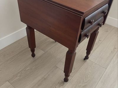 Vintage Wooden Nightstand / Drop-Leaf Table with Drawers and Casters