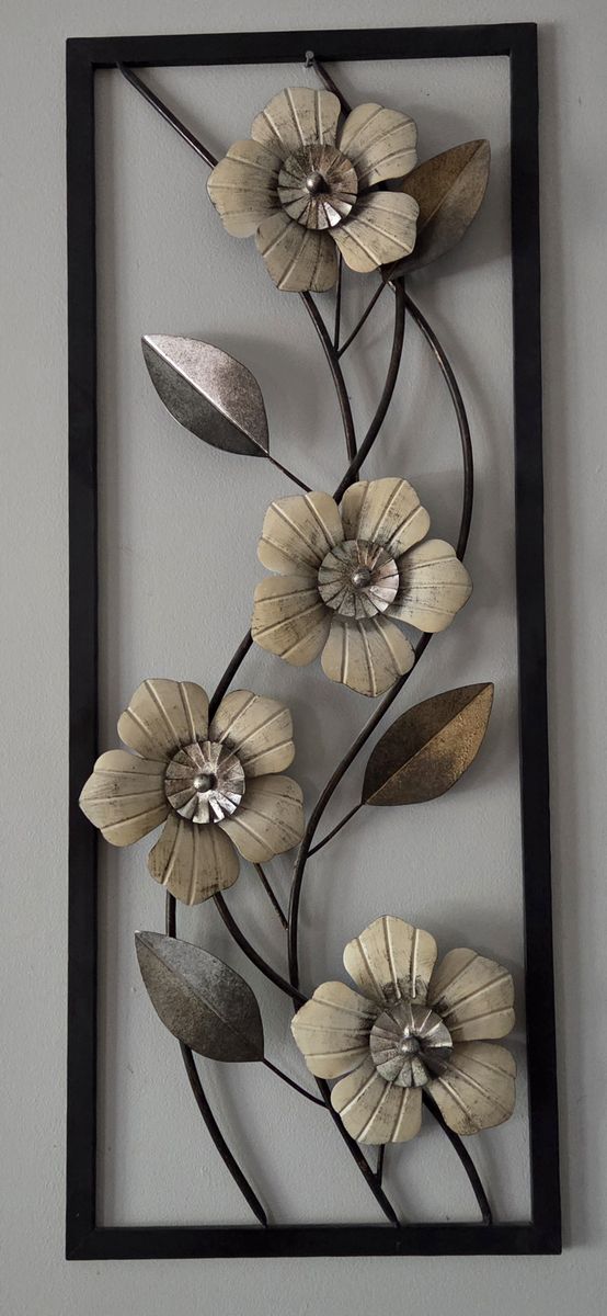 Metal Floral Wall Art Decor, Cream & Bronze Flowers on Black Frame, Vertical