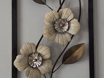 Metal Floral Wall Art Decor, Cream & Bronze Flowers on Black Frame, Vertical