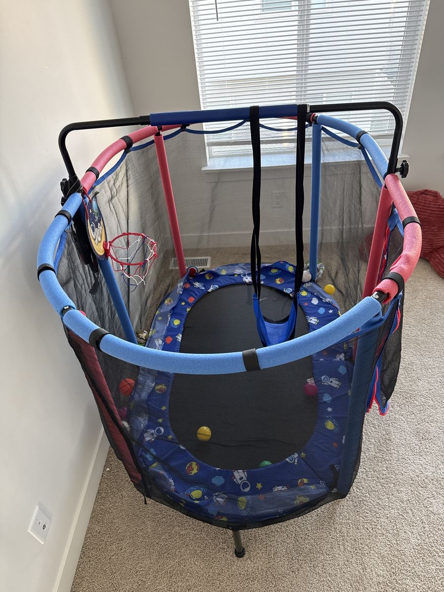 Kids Indoor Mini Trampoline with Enclosure Net, Basketball Hoop, & Swing