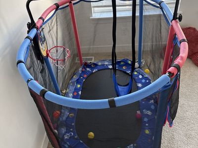 Kids Indoor Mini Trampoline with Enclosure Net, Basketball Hoop, & Swing