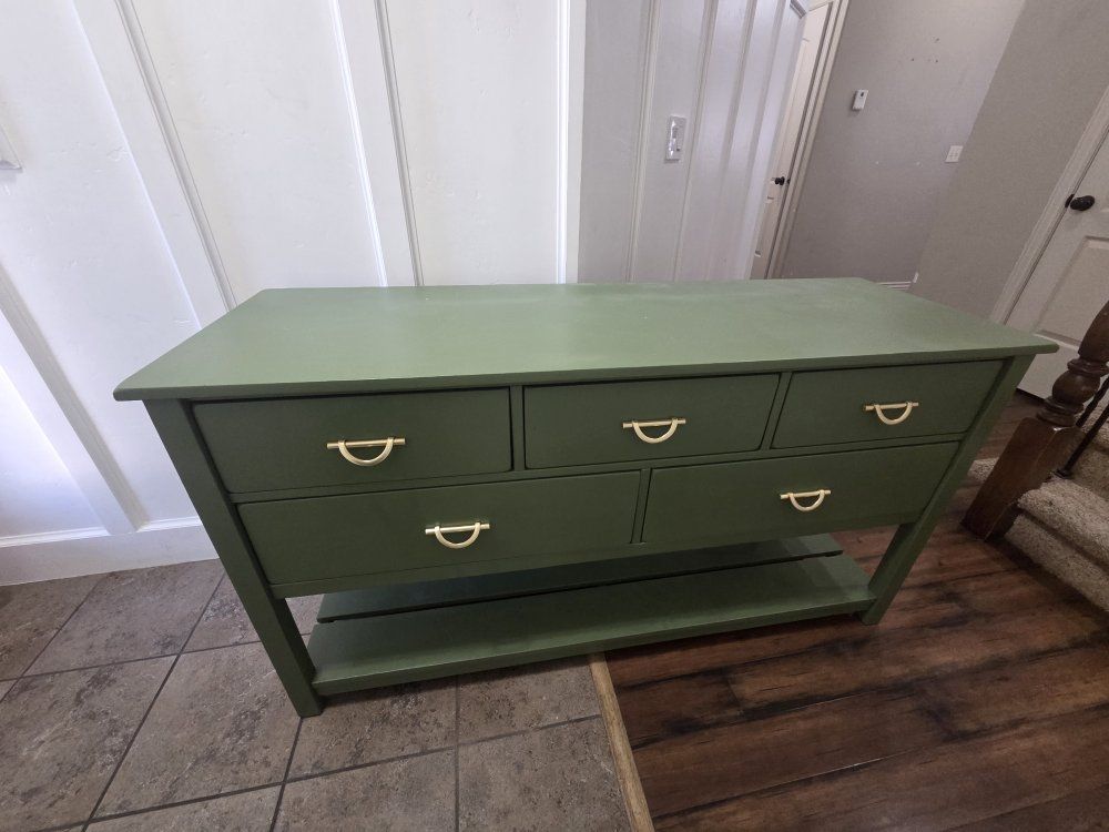 Custom Painted Olive Green Console Table w/ 5 Drawers & Storage Shelf - 32" H