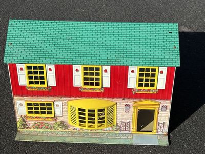 1950s Vintage Wolverine Tin Litho Metal 2-Story Dollhouse Farmhouse Mid Century