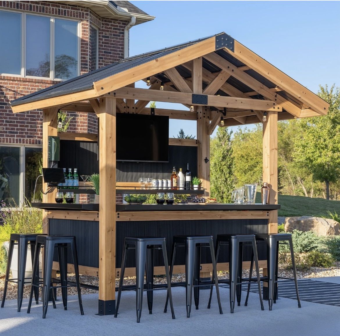 Palisade Wooden Outdoor Gazebo Bar Structure with Metal Roof & TV Mount