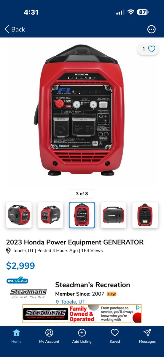 Honda EU3200i Inverter Generator 3200W Starting/2600W Running, Portable, Gasoline. BRAND NEW IN UNOPENED BOX.  CASH / CHECK ONLY