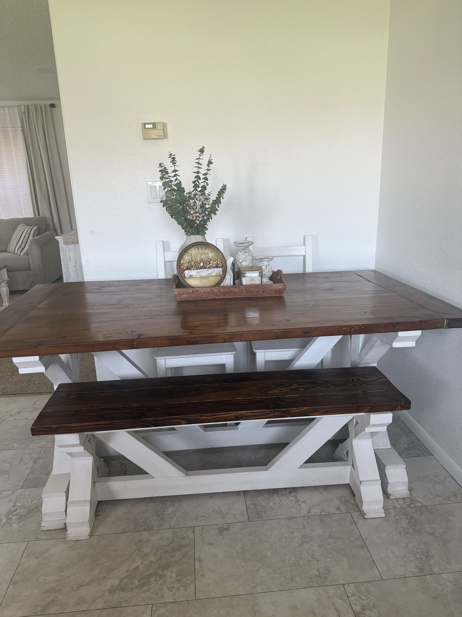 Rustic Farmhouse Dining Table & Bench Set - Dark Wood Top, White Trestle Base