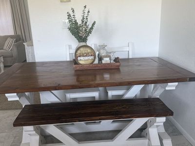 Rustic Farmhouse Dining Table & Bench Set - Dark Wood Top, White Trestle Base