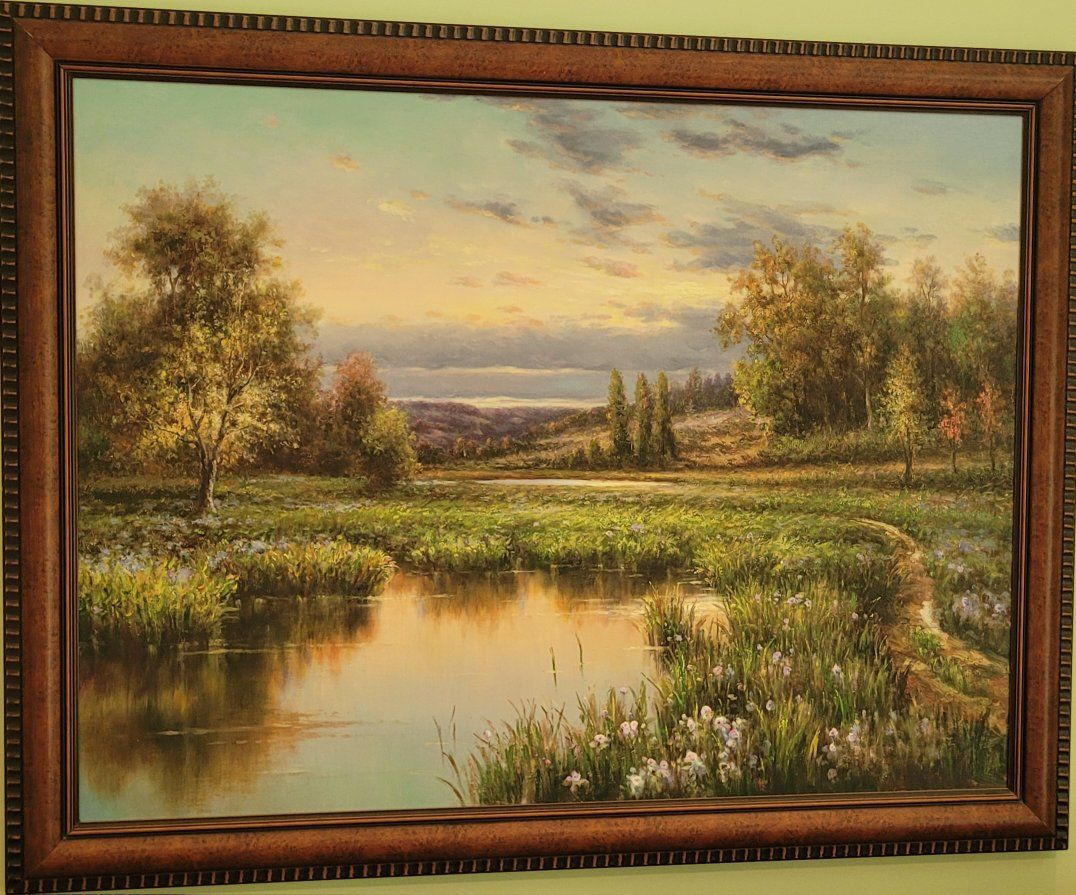 Large Framed Landscape Oil Painting, Serene Pond & Trees Artwork