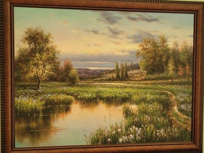 Large Framed Landscape Oil Painting, Serene Pond & Trees Artwork