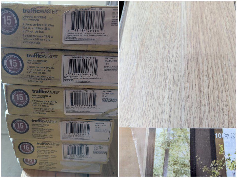 TrafficMASTER Natural Hickory Laminate Flooring (5 Boxes) - 143 sq ft, DIY-Friendly, 7mm Thick $35 for all.