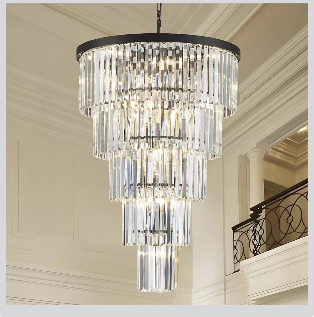 Modern Multi-Tier Crystal Chandelier with Black Metal Frame