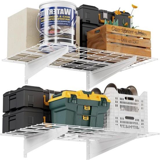 2-Pack Heavy-Duty Garage Wall Storage Shelves 2'x3' w/ 8 Hooks – 600 lb Capacity, White
