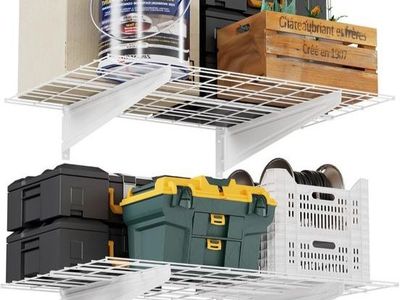 2-Pack Heavy-Duty Garage Wall Storage Shelves 2'x3' w/ 8 Hooks – 600 lb Capacity, White