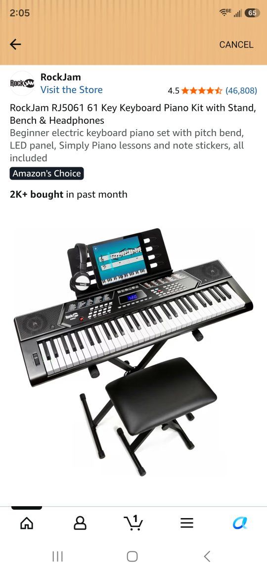 RockJam RJ5061 61-Key Portable Keyboard Piano Kit w/ Stand, Bench, Headphones, Pitch Bend