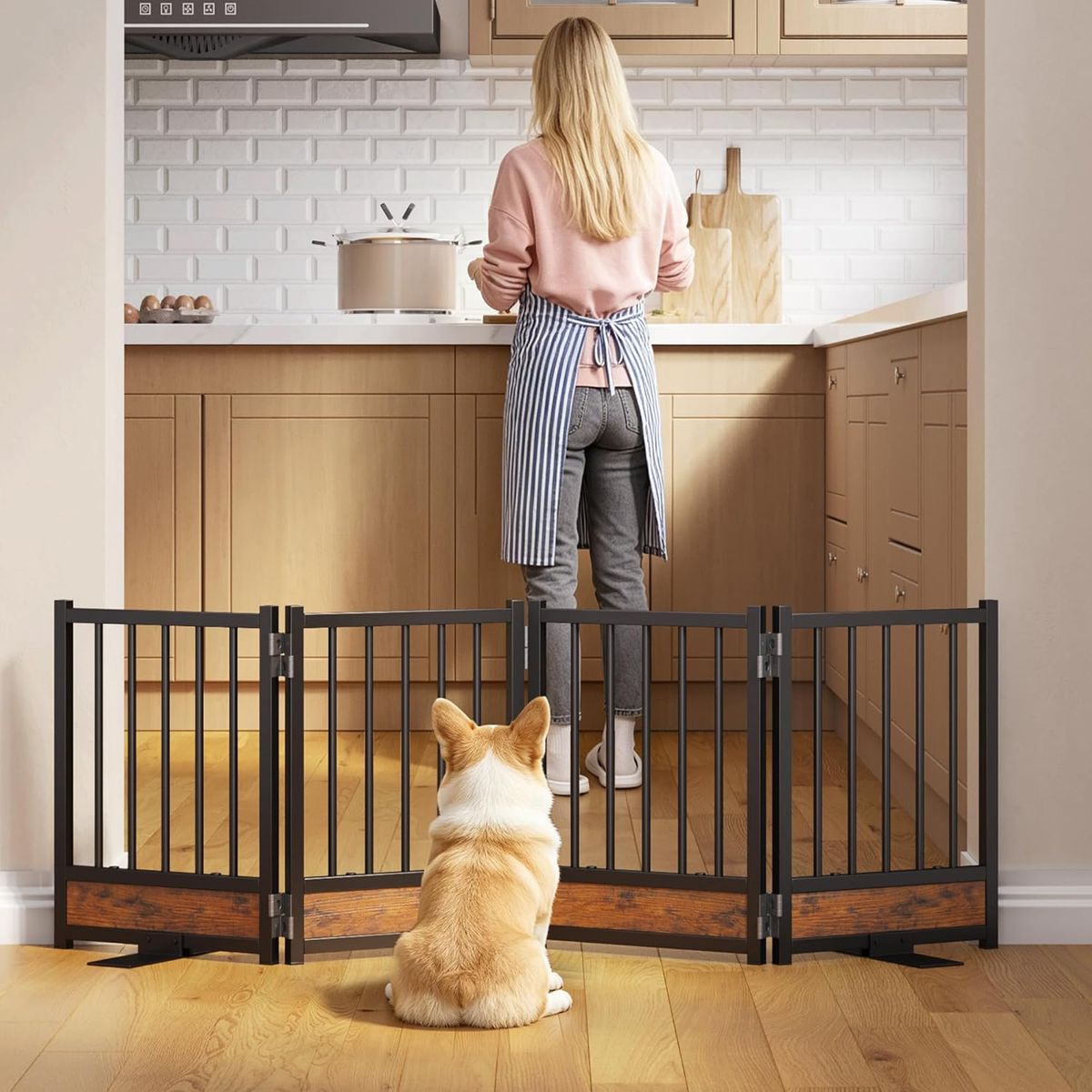 NEW Dog Gate for Small Dogs, 48" No Drill Foldable Reinforced Base Pet Fence, Heavy Duty Step-Over Doorway