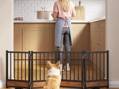 NEW Dog Gate for Small Dogs, 48" No Drill Foldable Reinforced Base Pet Fence, Heavy Duty Step-Over Doorway