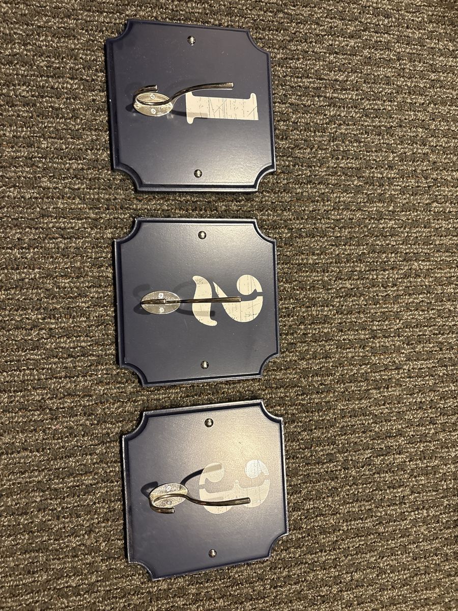 Blue Decorative Wall Hooks with Numbers 1, 2, and 3. New.