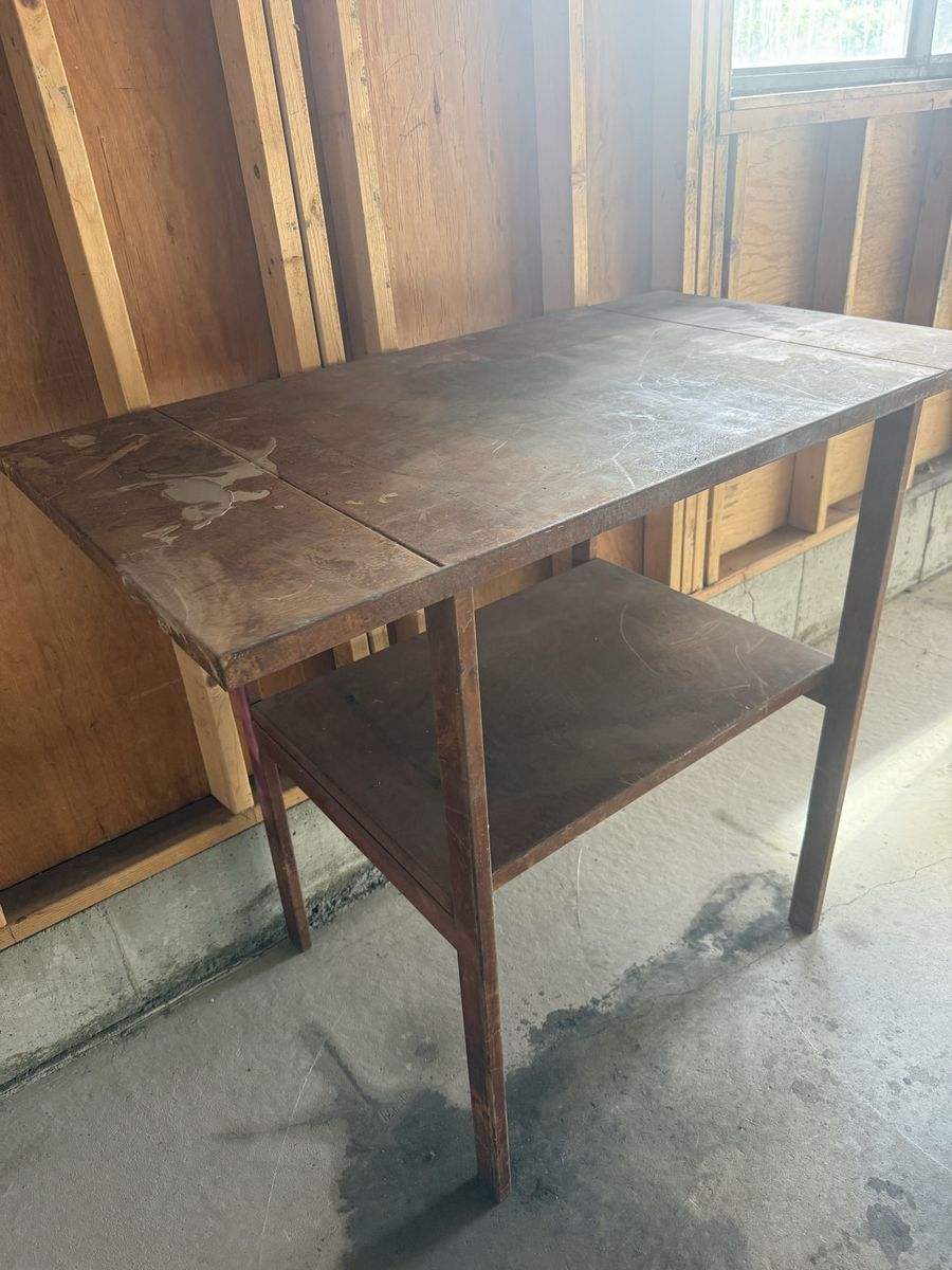 Vintage  metal Side Table with Lower Shelf - Rustic Farmhouse Accent Furniture: welding machine table