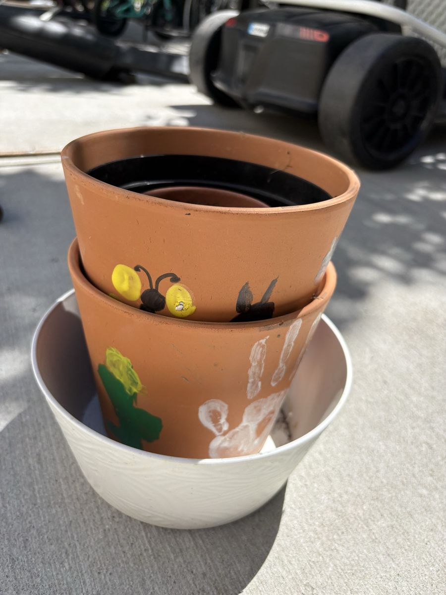 Assorted Terracotta and Plastic Plant Pots with Hand-Painted Artwork