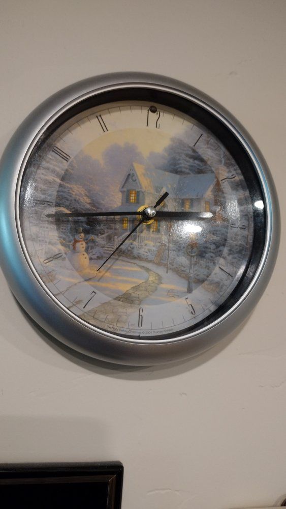 Thomas Kinkade Winter Wonderland Collectible Wall Clock, Silver Frame, Cabin Scene