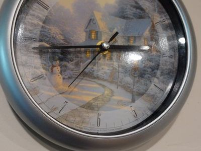 Thomas Kinkade Winter Wonderland Collectible Wall Clock, Silver Frame, Cabin Scene