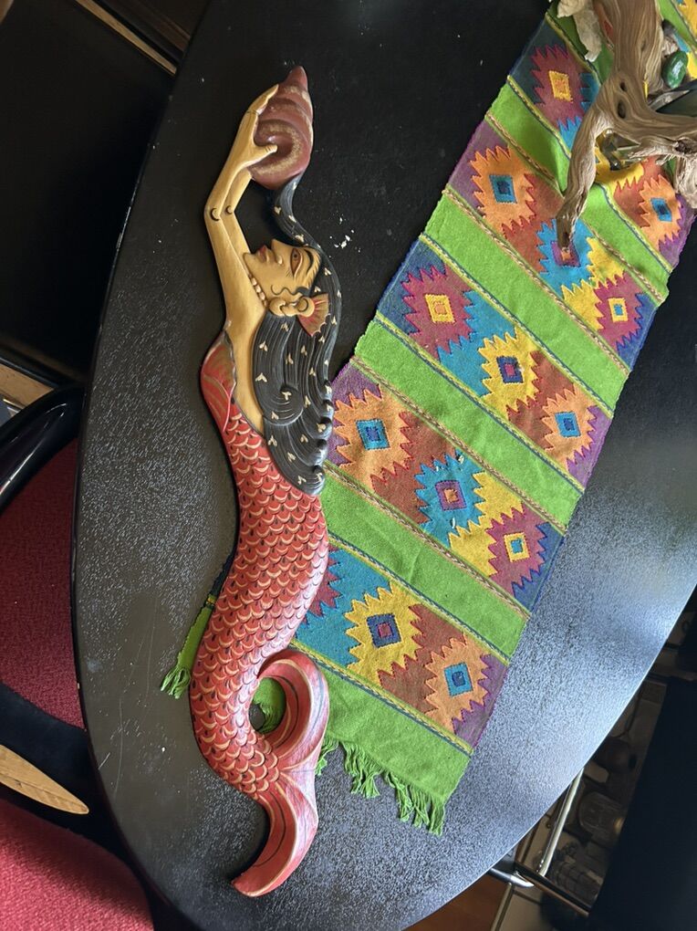 Balinese Folkloric Mermaid Goddess Wood Wall Art Bali Indonesia 31 inches lenght