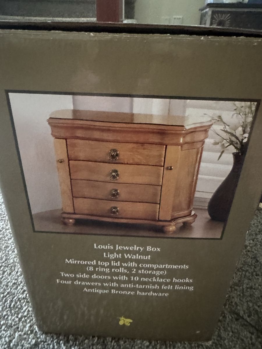Louis Jewelry Box in Light Walnut with Mirror and Drawers. New in box. Never opened