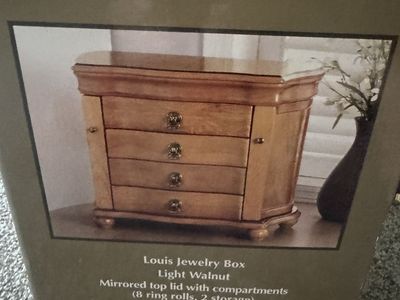 Louis Jewelry Box in Light Walnut with Mirror and Drawers. New in box. Never opened