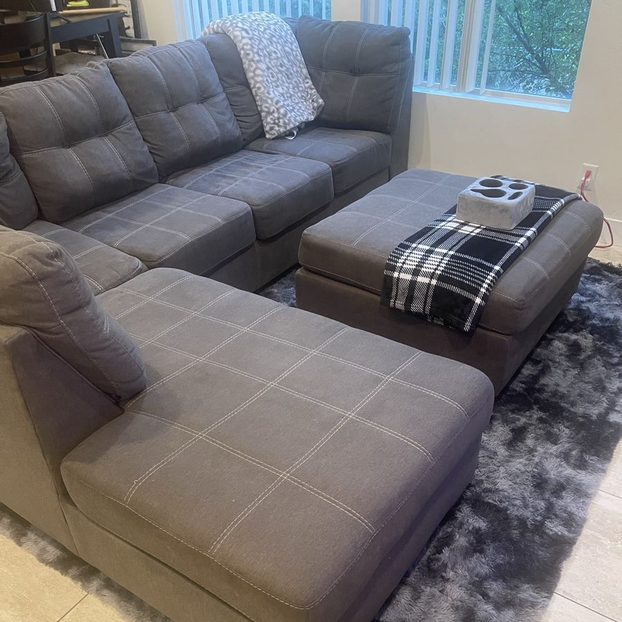 Sectional Couch Sofa with Ottoman - Gray Fabric, Left-Hand Facing Chaise, Tufted Cushions