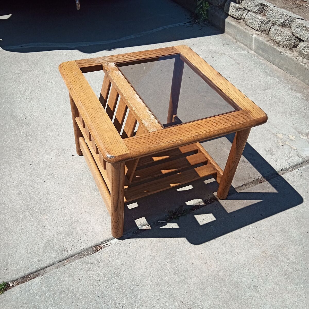 Mid century oak and smoked glass side table with magazine rack