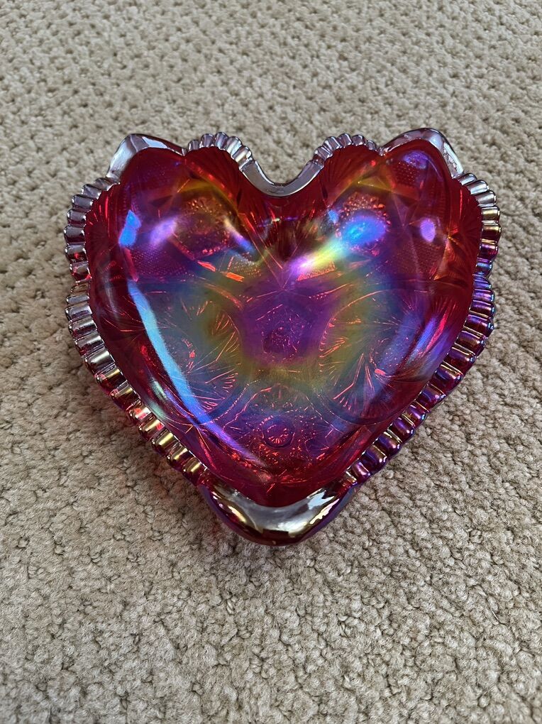 Stunning Heart Shaped Red Carnival Glass - Antique