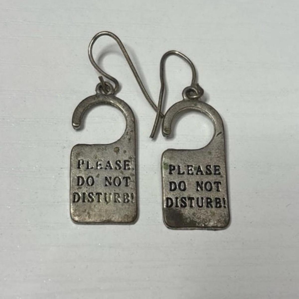 Unique "Please Do Not Disturb!" Door Hanger Drop Earrings - Silver Tone Novelty Jewelry