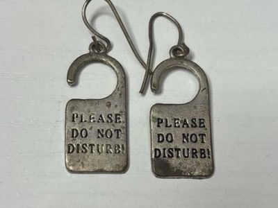 Unique "Please Do Not Disturb!" Door Hanger Drop Earrings - Silver Tone Novelty Jewelry