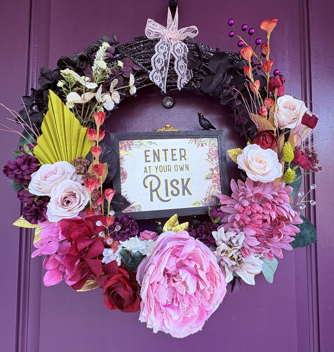 Halloween Floral Wreath with 'Enter At Your Own Risk' Sign