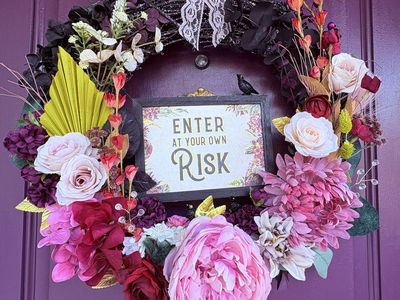 Halloween Floral Wreath with 'Enter At Your Own Risk' Sign