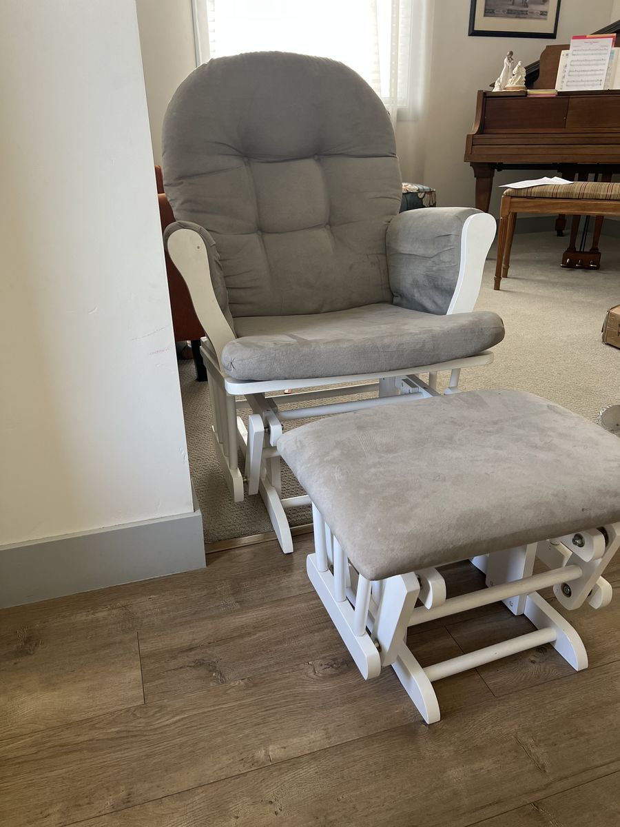 Gray Upholstered Glider Rocking Chair with Ottoman – White Wood Frame