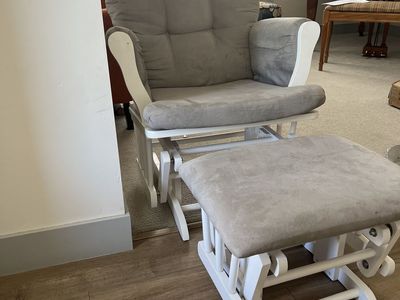 Gray Upholstered Glider Rocking Chair with Ottoman – White Wood Frame