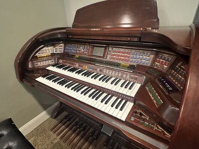 Lowrey Prestige Organ with Dual Keyboards, Bass Pedals, and Bench